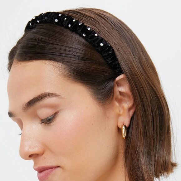 Lele Sadoughi Jet Velvet Crystal Embellished Jessie Headband - Picture 1 of 5